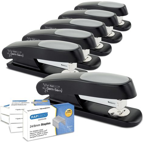 RAPESCO 1734 BUSINESS PACK: 6 AGRAFEUSES ECO STING RAY ANTIBACTÉRIENNES GERM-SAVVY, CAPACITÉ DE 20 FEUILLES, ET 6 BOÎTES DE 1000