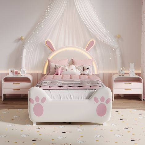 Lit enfant 90x200 cm velours blanc avec LED, Rangement sous le lit, design en forme de lapin - Sans matelas (1/5)