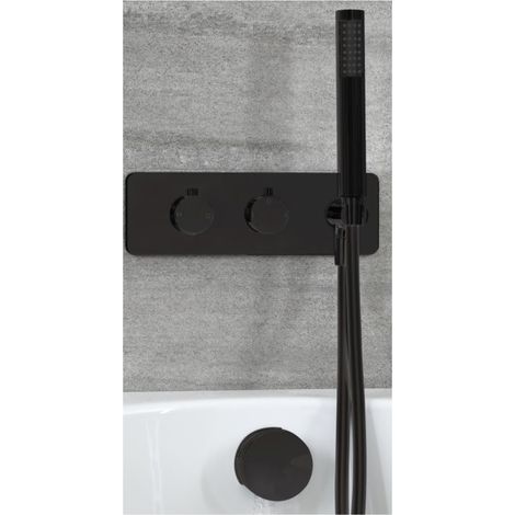 Milano Nero 2 Outlet Twin Diverter Thermostatic Mixer Shower Valve with Hand Shower Handset and Overflow Bath Filler Tap- Black (1/5)