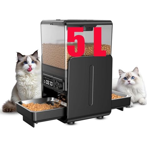 Distributeur de croquettes automatique pour 2 chats – 5L avec 2 gamelles surélevées réglables, programmateur 8 repas et double alimentation anti-panique