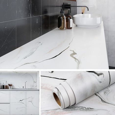 Ersandy – Papier adhésif décoratif marbre blanc avec veines canard œuf bleu 40CMx5M – Lavable et imperméable – Pour meubles et crédences cuisine