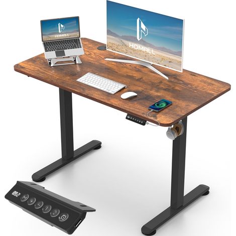 Bureau électrique réglable en Hauteur avec Gestion des câbles et Port de Charge USB, Hauteur réglable de 73 à 118 cm, 2 hauteurs de mémoire pour Bureau (Marron, 100 x 60 cm) (1/5)