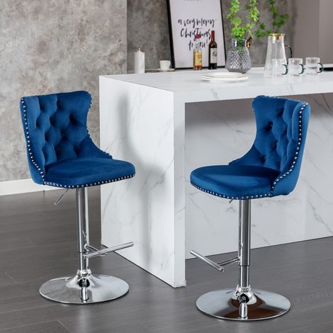 2er-Set Barhocker – drehbar – Sitzhöhe verstellbar 63,5 – 84 cm – mit gepolsterter Rückenlehne – Samt – blau