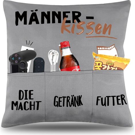 Dekorativer Kissenbezug (45 x 45 cm) mit Taschen für Bier, Steckdosen und Snacks witziger Kissenbezug für Männer.
