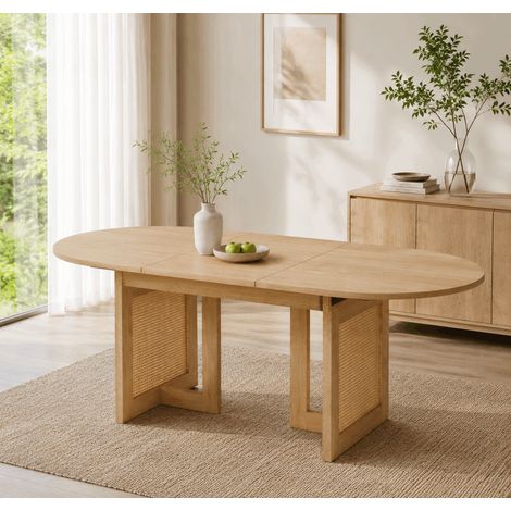 Table à manger extensible 160/200 x 90 cm Coins arrondis, plateau épais, 6 à 8 personnes, pieds avec détails en rotin Chêne (1/5)