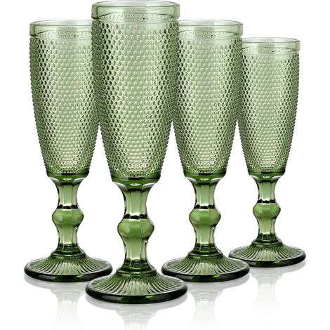 Flûte à Champagne Vintage 150 ML Avec Petit Relief de Perles, Ensemble de 4 Verres à Champagne Verts, Flûtes à Champagne pour Mariages, Anniversaires, Fêtes, Passe au Lave-Vaisselle (1/5)