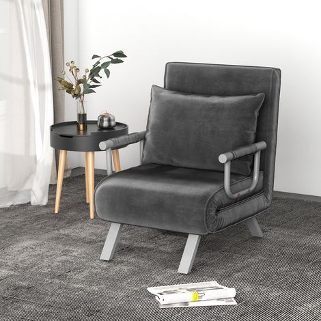 Sofá cama individual 3 en 1 con respaldo reclinable de 5 niveles y cojín, sofá cama individual plegable para sala de estar y salón en piel de ante y metal, 65x69x80 cm, gris.