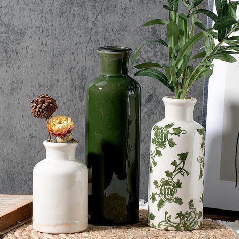 Ensemble de 3 Vases en Céramique Vintage, Vert et Blanc à Vernis Craquelé, Décor Floral Chinoiserie pour Étagère de Ferme, Pièce Maîtresse de Table, Manteau, Salon et Bureau (1/5)
