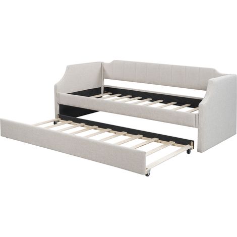 Cama de día tapizada beige con cama nido 90 x 200 y 90 x 190 cm (1/5)