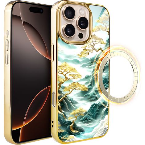 Custodia in vetro ibizu Elite per iPhone 16 Pro con MagSafe, retro in vetro, alberi dorati in stile giapponese, oro (1/5)