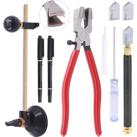 Kit de 11 outils de coupe de verre, pince à mâchoire incurvée avec embouts en caoutchouc, pointe en carbure de tungstène, coupe-verre circulaire, 2 lames avec compte-gouttes (1/5)