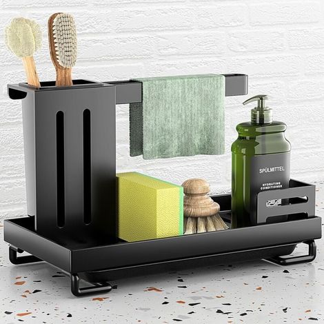 Black Sink Organizer, Kitchen Sink Organizer, Sink Organizer with Extra Reinforcement, Stainless Steel Sponge Holder, Dish Towel Holder with Drip Tray, Easy Installation MUMU (1/4)