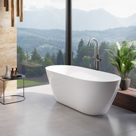 ECOLAM® exklusive freistehende Badewanne 160x70 cm Mineralguss Standbadewanne moderne Wanne freistehend Moya + Ablaufgarnitur Click Clack Design glamour Luxus weiß