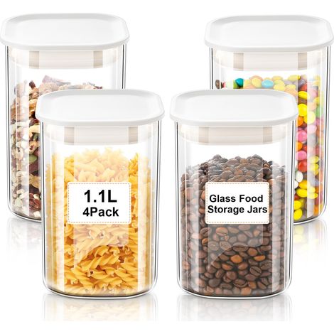 Lot de 4 Bocaux en Verre avec Couvercle (4 x 1,1L) – Bocaux Hermétiques Carrés pour Farine, Épices, Céréales (1/5)