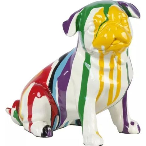 Statue chien carlin assis avec coulure multicolore H18 cm - (1/4)