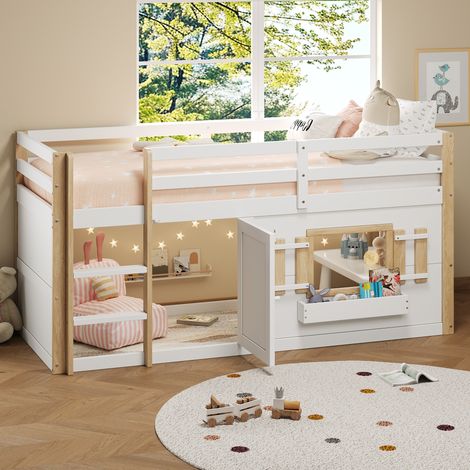 Lit mezzanine enfant en bois massif et MDF blanc 90x200 cm, avec échelle et sommier à lattes inclus (1/5)