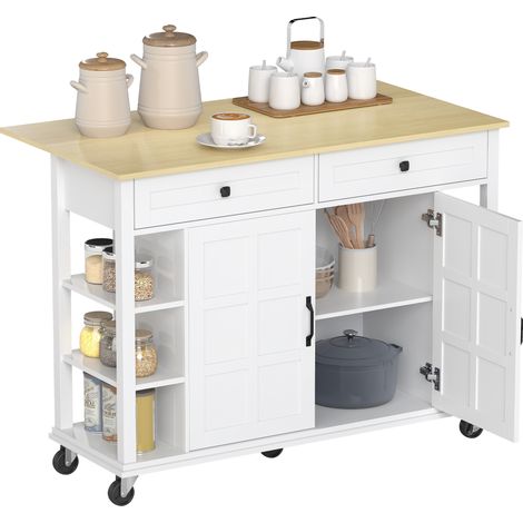 Îlot blanc sur roulettes avec plan rabattable, 2 portes à amortie, 2 tiroirs et 6 étagères ouvertes, meuble cuisine design mobile pratique et multifonction (1/5)