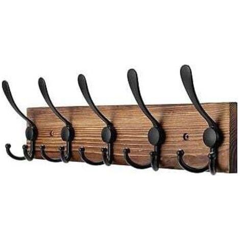 Porte Manteau Mural Bois - 5 Crochets Triples en Noir - 43 cm - Patere Murale pour une Entrée, Chambre, Salle de Bain et Vestiaire (1/4)