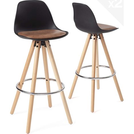 Ensemble de 2 tabourets de bar de cuisine scandinaves, hauteur d'assise 75 cm avec dossier et coussin intégré en similicuir, pieds en bois de hêtre, repose-pieds chromé Sana (noir et marron) (1/5)