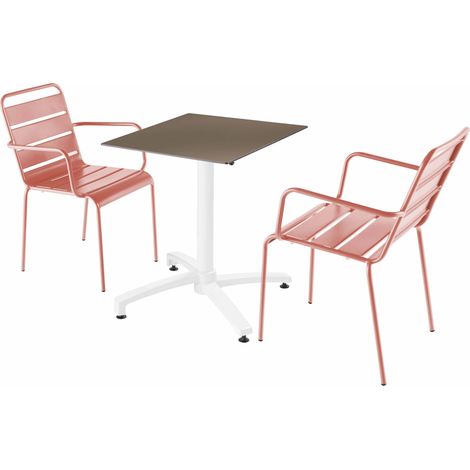 Ensemble table de terrasse stratifié taupe avec 2 fauteuils argile (1/5)