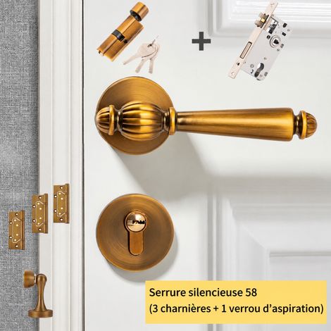 Serrure à poignée intérieure jaune bronze avec serrure silencieuse, trois charnières et arrêt de porte 3 pièces réf 9768 1,3 kg – Livraison gratuite