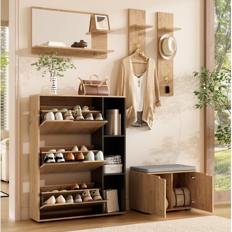 MODFU – Ensemble vestiaire entrée 150x35x161,5 cm – Miroir, banc rembourré et range-chaussures – Crochets et anti-basculement – Entrée – Bois naturel/noir (1/5)