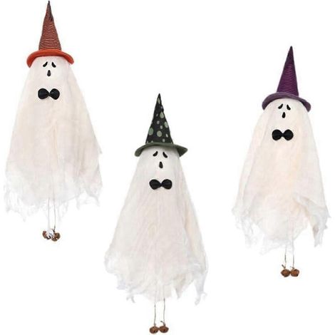 Lot de 3 fantômes suspendus pour Halloween avec chapeau de sorcière vert/violet/orange -- (1/5)
