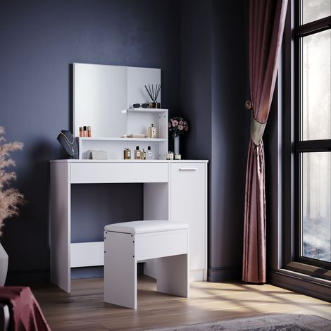 ELEGANT Furniture Drawers Dressing Table Large Cabinet Storage Makeup Desk Bedroom White Vanity Set with Stool (1/5)