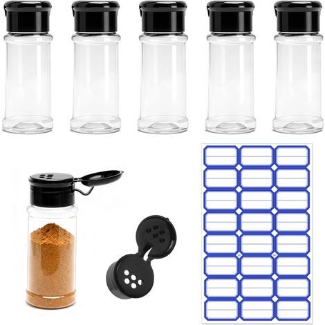 Lot de 6 Pièces Pots à Épices Transparentes 100ml – Flacons Bocaux Récipients à Épices Plastique avec Étiquettes – Pots Rangement Pratiques avec Couvercle pour Tiroir, Cuisine et Camping (1/4)
