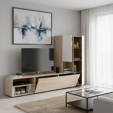 Dmora - Wohnzimmermöbel Ainos, Modulares Wohnzimmerset, Mehrzweck-Wohnzimmermöbel, Moderner TV-Schrank, 227x40 h141 cm, Weiß und Eiche (1/4)