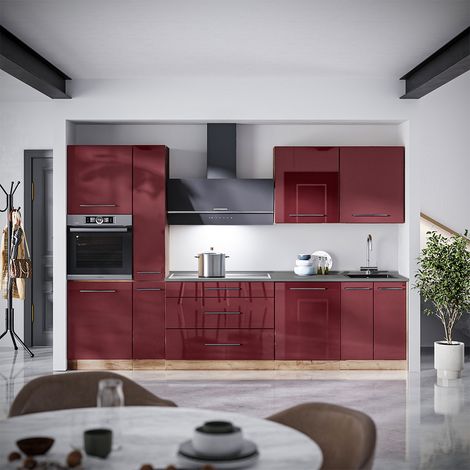 Küchenzeile Fame-Line, Bordeaux Hochglanz/Goldkraft Eiche, 310 cm, AP Marmor, Vicco (1/5)