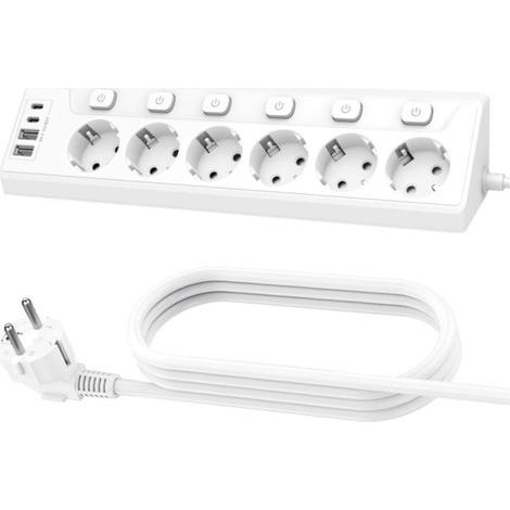 Multiprise d'angle avec ports USB, 6 prises, prise de bureau avec interrupteur, multiprise multifonctionnelle, 2 ports USB et 2 ports Type-C, 10 en 1, blanche.