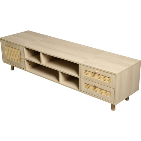Meuble TV en rotin couleur bois 160 cm pour écran jusqu'à 70 pouces avec gestion des câbles, 2 tiroirs et 1 porte (1/5)