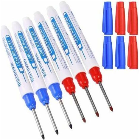 6 marcadores de agujeros profundos, marcador de carpintero, rotulador permanente de punta fina de 30 mm, punta de fieltro permanente para marcar en lugares difíciles de alcanzar (azul y rojo)