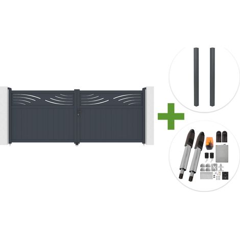Portail battant 4m HALTI H.160cm aluminium gris + 2 poteaux ELDA 15x15cm + motorisation Tanker B700 (1/5)