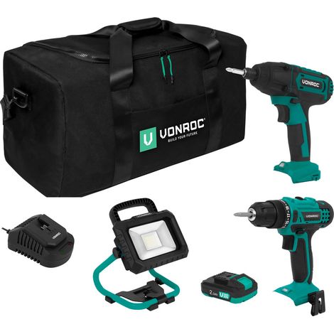 Werkzeugset 20V - Akku-Schlagbohrmaschine, Schlagschrauber, Arbeitsleuchte, 2x 2.0Ah Akku und ein Ladegerät