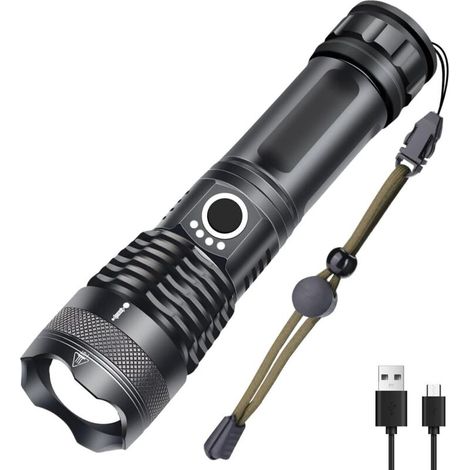 Lampe de poche, torche LED rechargeable par USB extra puissante 1000 lumens XHP50, 5 modes IP65 zoom militaire étanche pour camping randonnée (batterie rechargeable 18650 incluse)-DOU