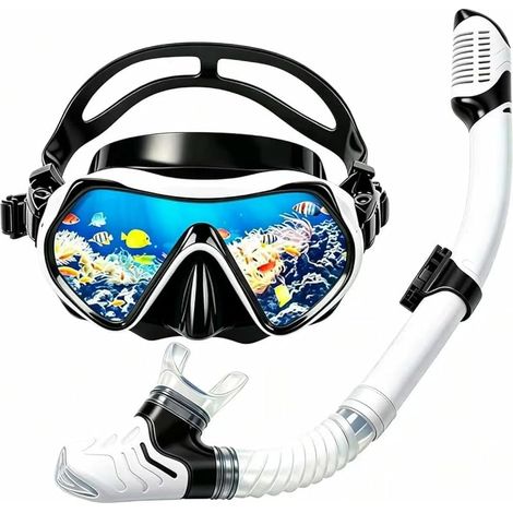 Kit Snorkeling Adulte, Masque Plongée Verre Trempé Anti-Buée & Tuba Sec Sécurité, Anti-Buée Anti-Fuite Masque Panoramique 180° Étanche pour Homme Femme, Snorkeling Vacances Mer
