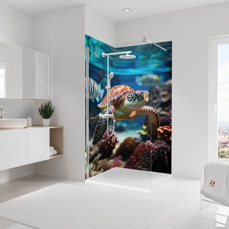 Lot de 2 panneaux muraux 90 x 210 cm, revêtement pour douche et salle de bain, DécoDesign PHOTO, Schulte, Tortue en angle