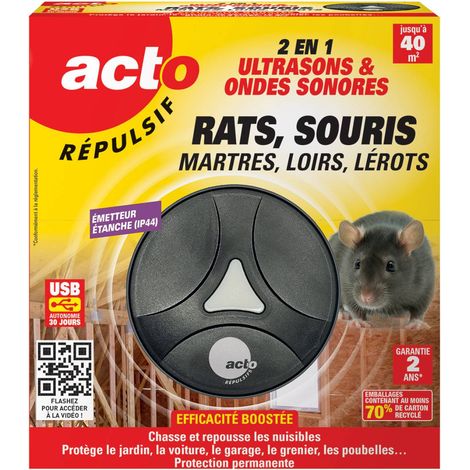 Répulsif ultrasons et sonore pour rongeurs – Protection 40m² – Double action : ultrasons et sons audibles – Installation simple et rechargeable – Acto (1/4)