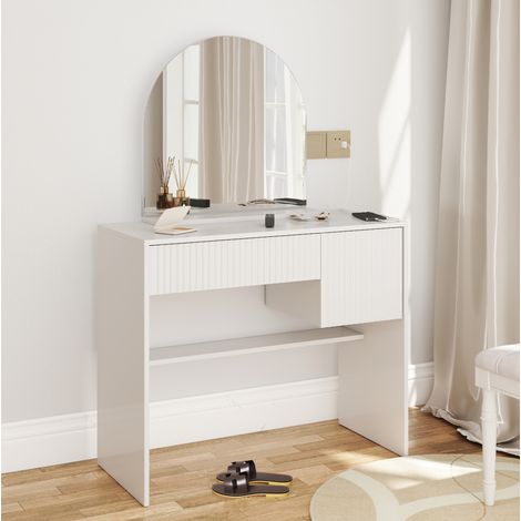 Toeletta con specchio 90x40x135 cm in MDF bianco con contenitore FloraGrace (1/5)