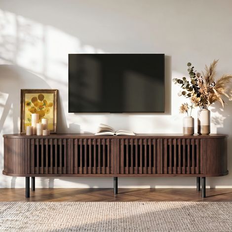 Meuble TV bas moderne 178 x 39,5 x 49,5 cm, 4 portes à lattes ajourées, pour TV 75 pouces, grand rangement, MDF effet noyer (1/5)