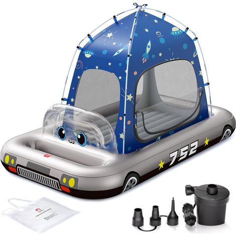 Spaceship Kids Inflatable Bed with Tent, Portable Air Mattress for Home, Family Visits and Camping, Electric Pump Included, Ages 3+