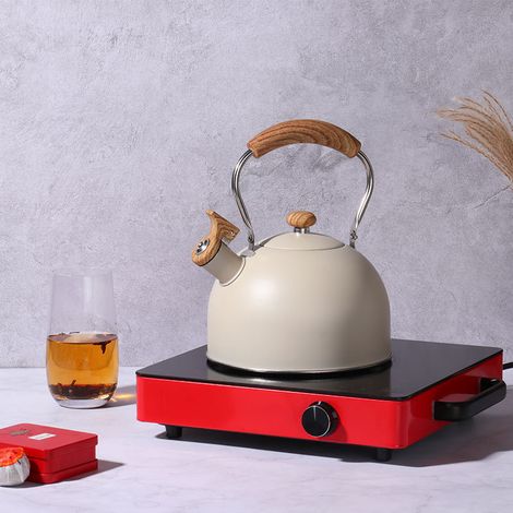 Bouilloire sifflante avec théière de pique-nique de cuisine avec manche en bois pour cuisinières à gaz à induction