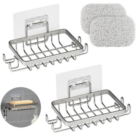 2 Pièces 304 INOX Porte Savon Douche sans Perçage, Auto-Adhésif Porte Savon Mural avec Crochets et Économiseur de Savon, Support Savon Mural pour Salle de Bain et Cuisine (Argenté) (1/5)