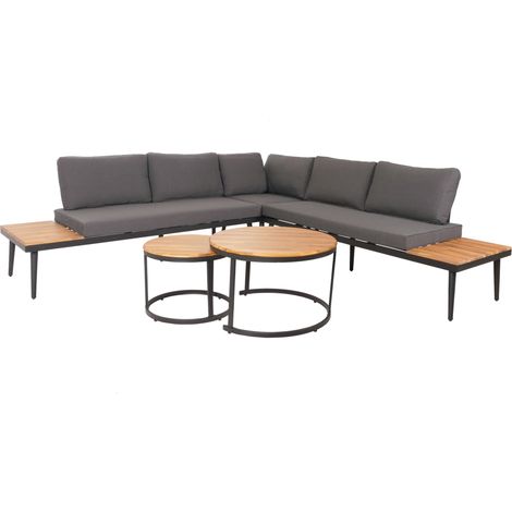 [NON UTILIZZATO] Set da giardino HHG-215c, salotto con 2x tavolini Legno acacia massello acciaio, marrone, cuscini grigio scuro