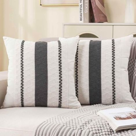 Cushion Cover 45 x 45 cm Grey White Boho Cotton and Linen Macramé Bohemian Textured Woven Stripes Decorative Cushion Cover for Living Room, Garden, Bedroom, Bed, Home Decoration, Set of 2 (1/5)