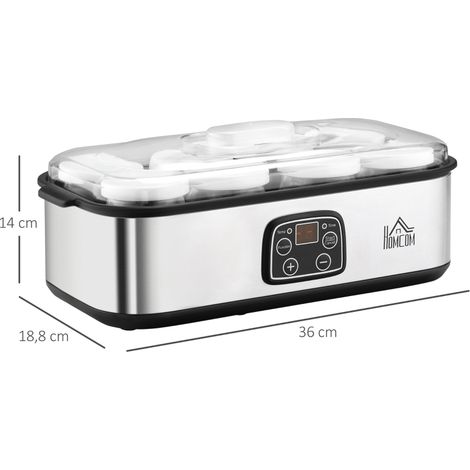 Yaourtière grecque 1,4L avec couvercle, 8 pots en verre sans BPA (180 ml), écran LCD et programmateur, 25 W, argent, idéale pour yaourt maison (1/5)