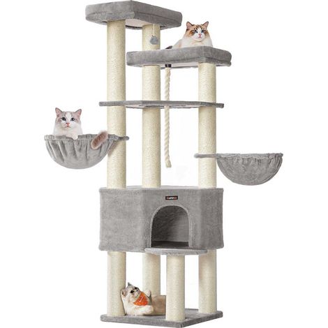 Tiragraffi grande torre gioco per gatti a più livelli 55 x 55 x 186,7 cm pali in sisal da 11 cm di diametro grigio Maine Coon 120008008