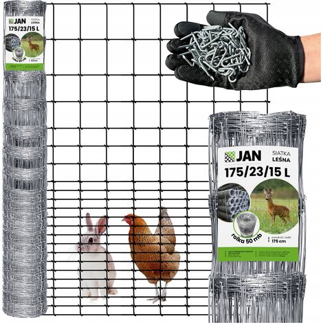 Clôture en grillage forestier 175/23/15 L 50 m, maille épaisse offerte, idéale pour les poules sauvages et les orignaux.